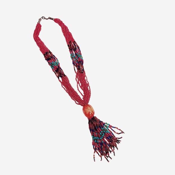 Women's Necklace Boho Bohemian Folk Orange Turquoise & Blue Seed Beaded Tassel - Picture 3 of 7